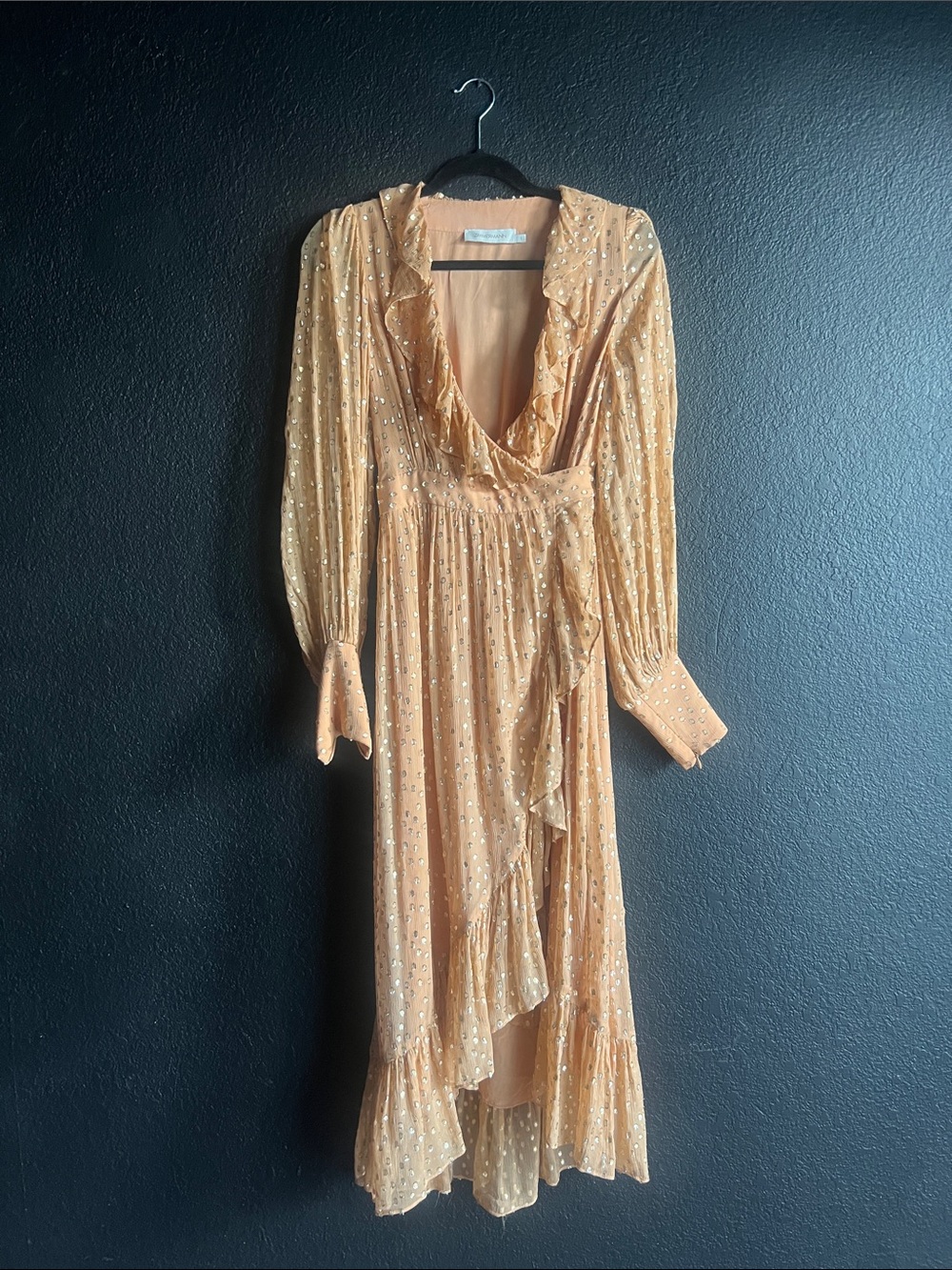 Zimmermann Peach Long Sleeve Ruffle Midi Dress with Metallic Dots